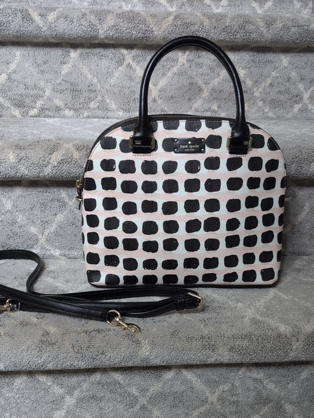 Kate Spade Black & White Dot Dome Satchel With Detachable Crossbody Strap